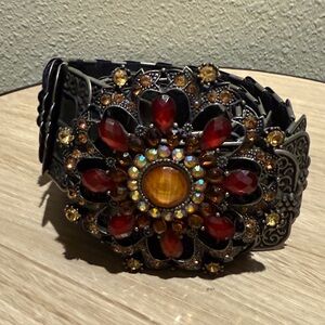 Vintage Boho Stretch Belt with Embossed Metal Overlay w/ Gemstone Buckle